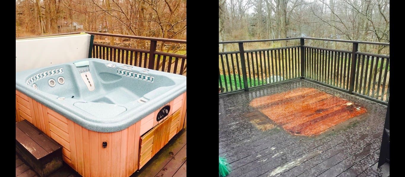 Hot tub removal from a residential deck by Grizzly Junk Pros — before and cleared views