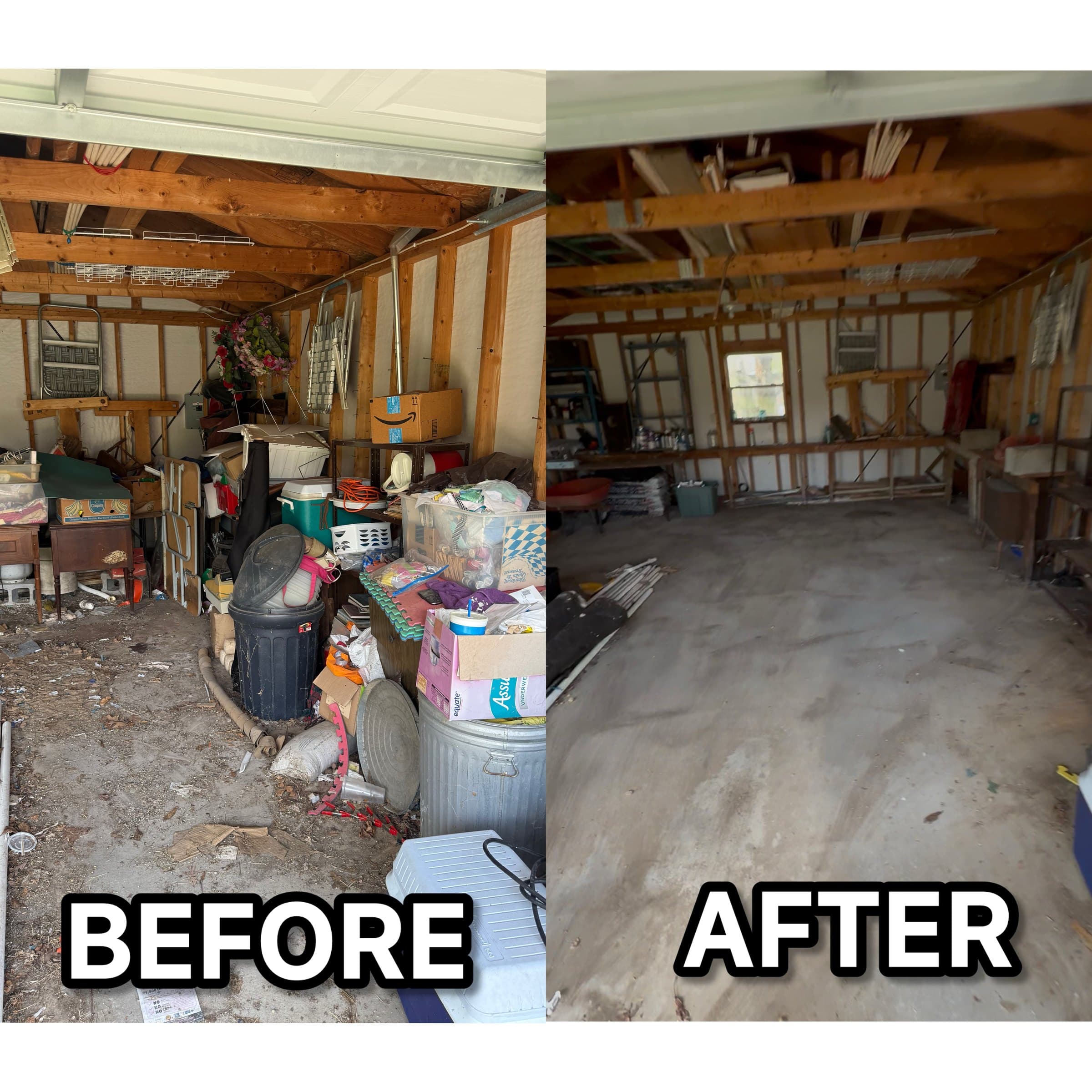 before and after garage cleanout showing cluttered space with junk cleared to empty concrete floor by Grizzly Junk Pros