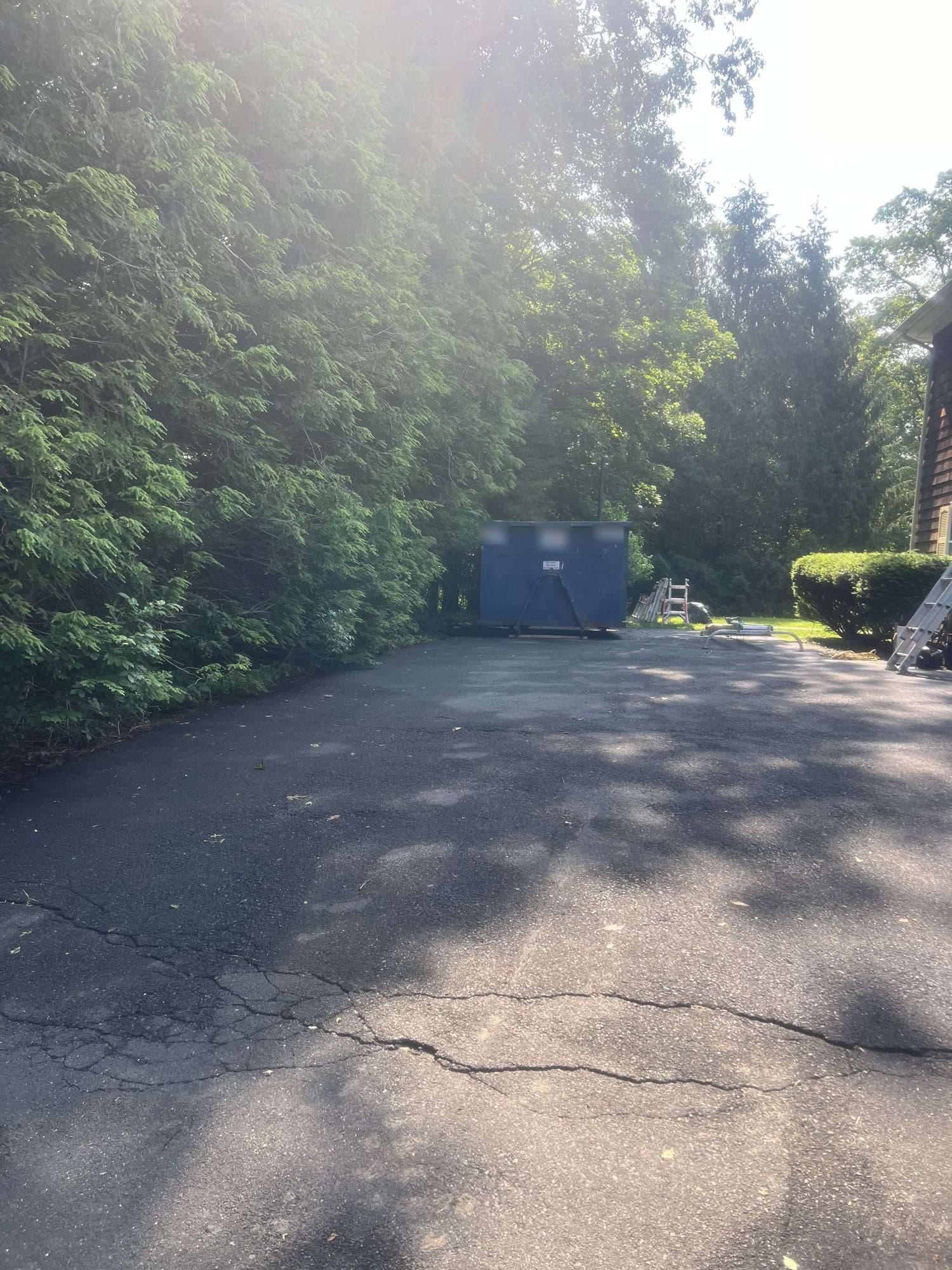 Blue roll-off dumpster at the end of a tree-lined driveway