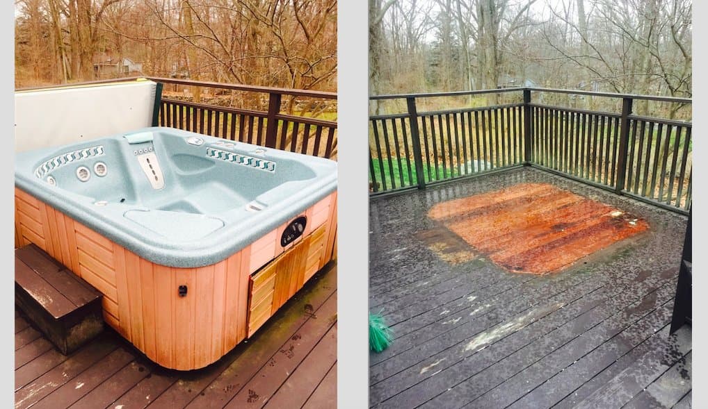 Before and after hot tub removal — spa on the deck, then the cleared deck space
